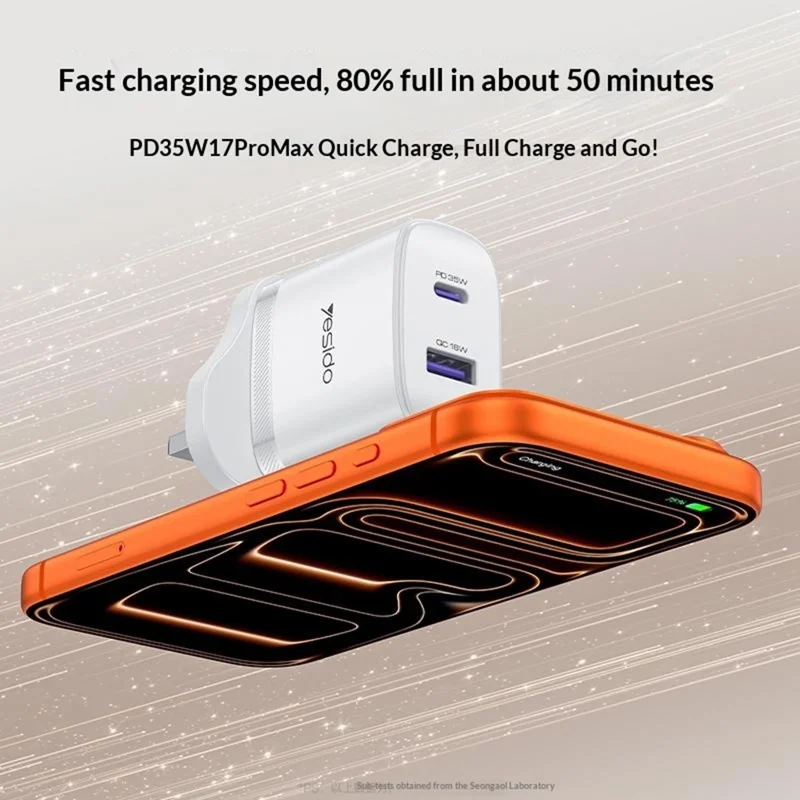 YESIDO YC154 UK Plug PD 35W USB-C + QC 18W USB-A Wall Charger Dual Port Fast Charging Adapter with 1m Type-C Cable - White