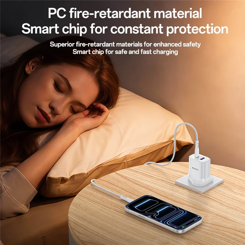 YESIDO YC154 UK Plug PD 35W USB-C + QC 18W USB-A Wall Charger Dual Port Fast Charging Adapter with 1m Type-C Cable - White