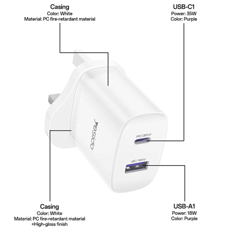 YESIDO YC154 UK Plug PD 35W USB-C + QC 18W USB-A Wall Charger Dual Port Fast Charging Adapter with 1m Type-C Cable - White