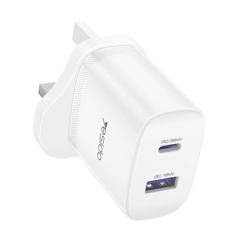YESIDO YC154 UK Plug PD 35W USB-C + QC 18W USB-A Wall Charger Dual Port Fast Charging Adapter with 1m Type-C Cable - White