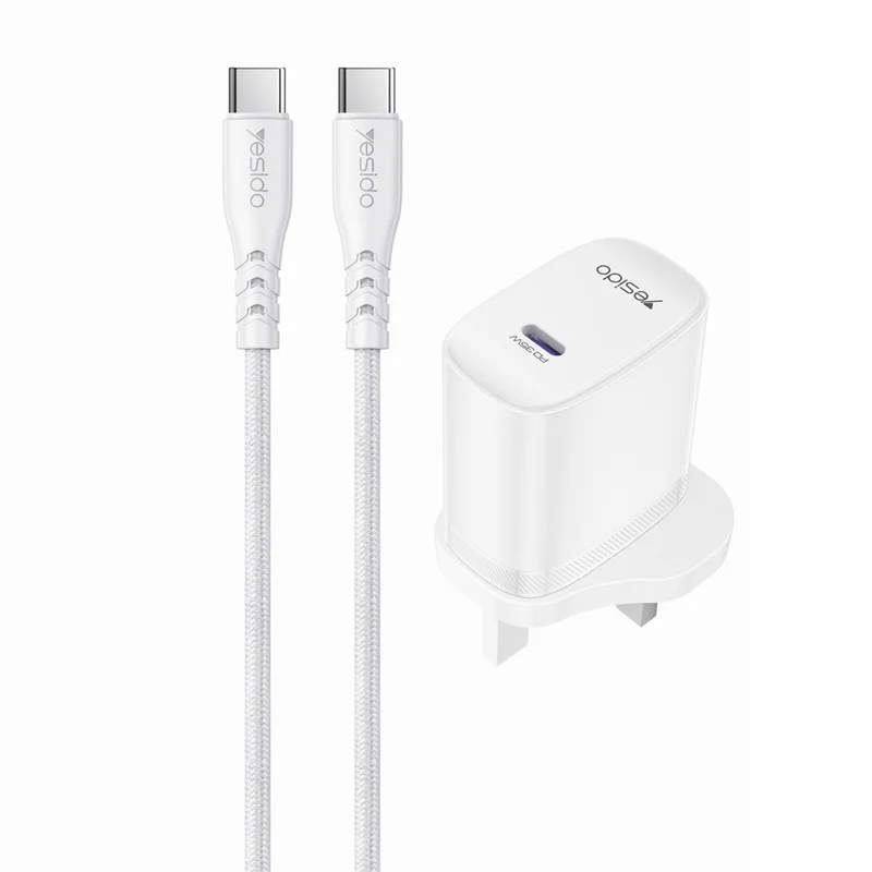 YESIDO YC153 UK Plug PD 35W USB-C Wall Charger Fast Charging Adapter with 1m Type-C Cable for Laptop Phone - White