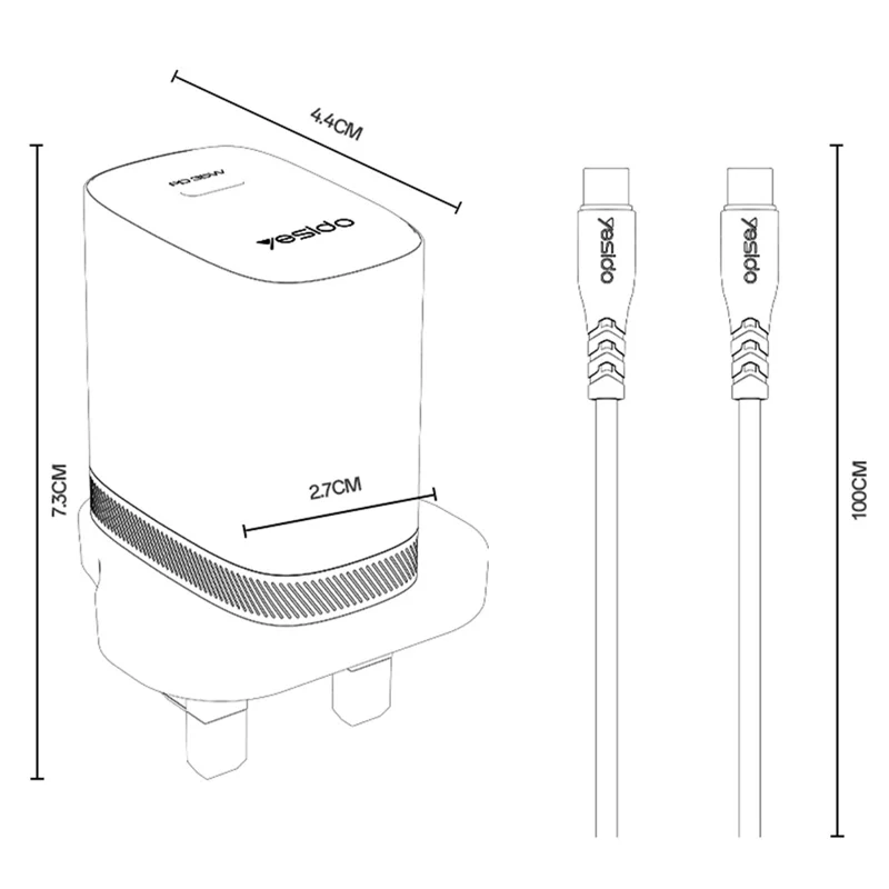YESIDO YC153 UK Plug PD 35W USB-C Wall Charger Fast Charging Adapter with 1m Type-C Cable for Laptop Phone - White