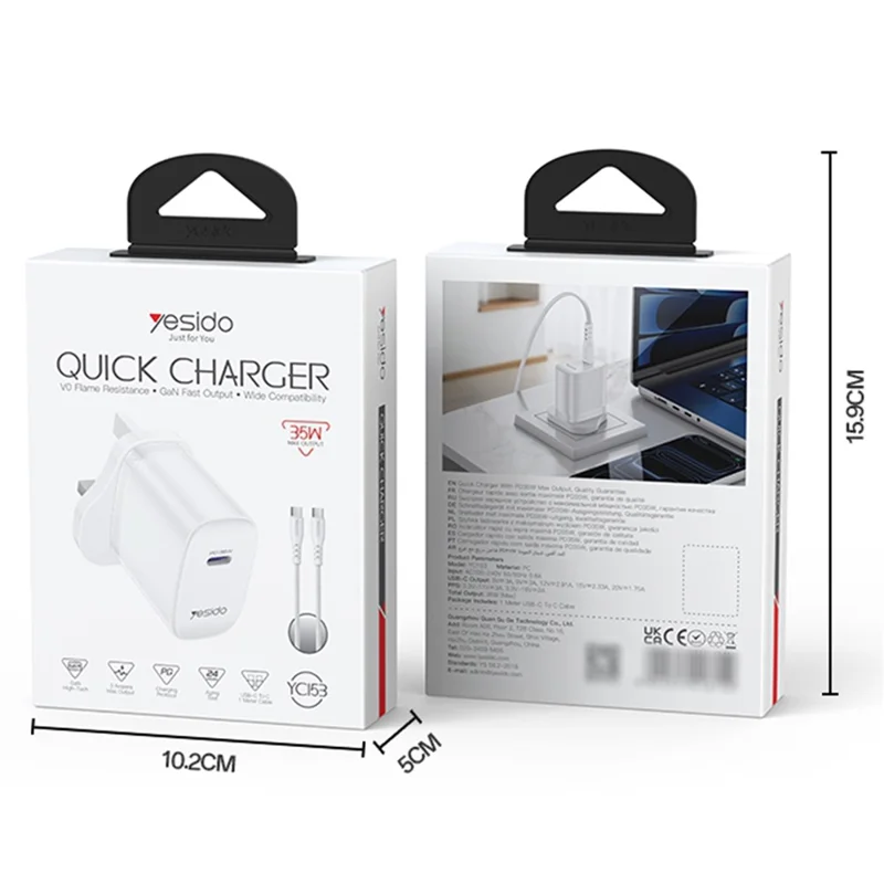 YESIDO YC153 UK Plug PD 35W USB-C Wall Charger Fast Charging Adapter with 1m Type-C Cable for Laptop Phone - White