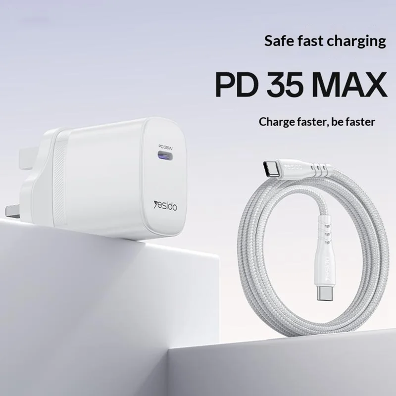 YESIDO YC153 UK Plug PD 35W USB-C Wall Charger Fast Charging Adapter with 1m Type-C Cable for Laptop Phone - White