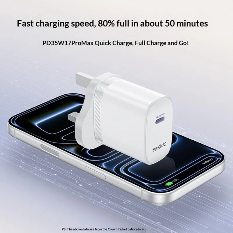 YESIDO YC153 UK Plug PD 35W USB-C Wall Charger Fast Charging Adapter with 1m Type-C Cable for Laptop Phone - White