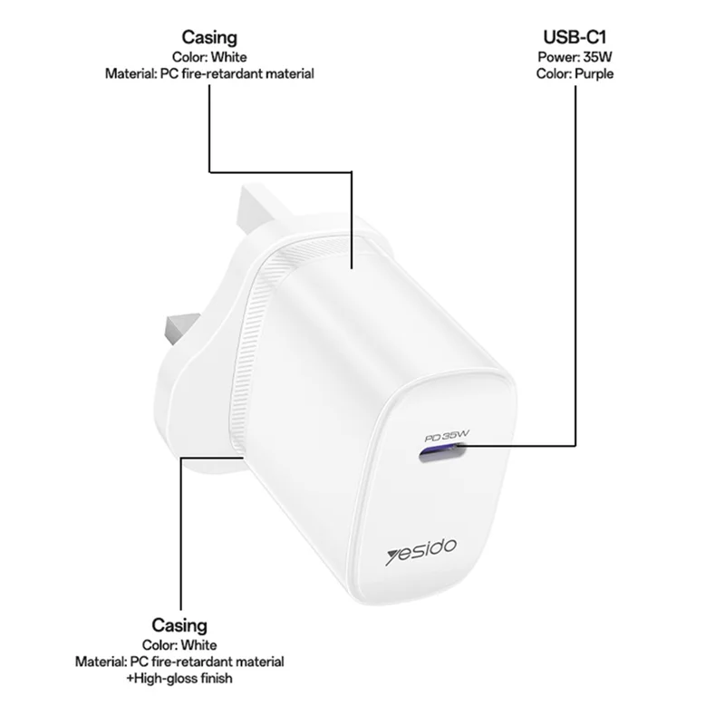 YESIDO YC153 UK Plug PD 35W USB-C Wall Charger Fast Charging Adapter with 1m Type-C Cable for Laptop Phone - White