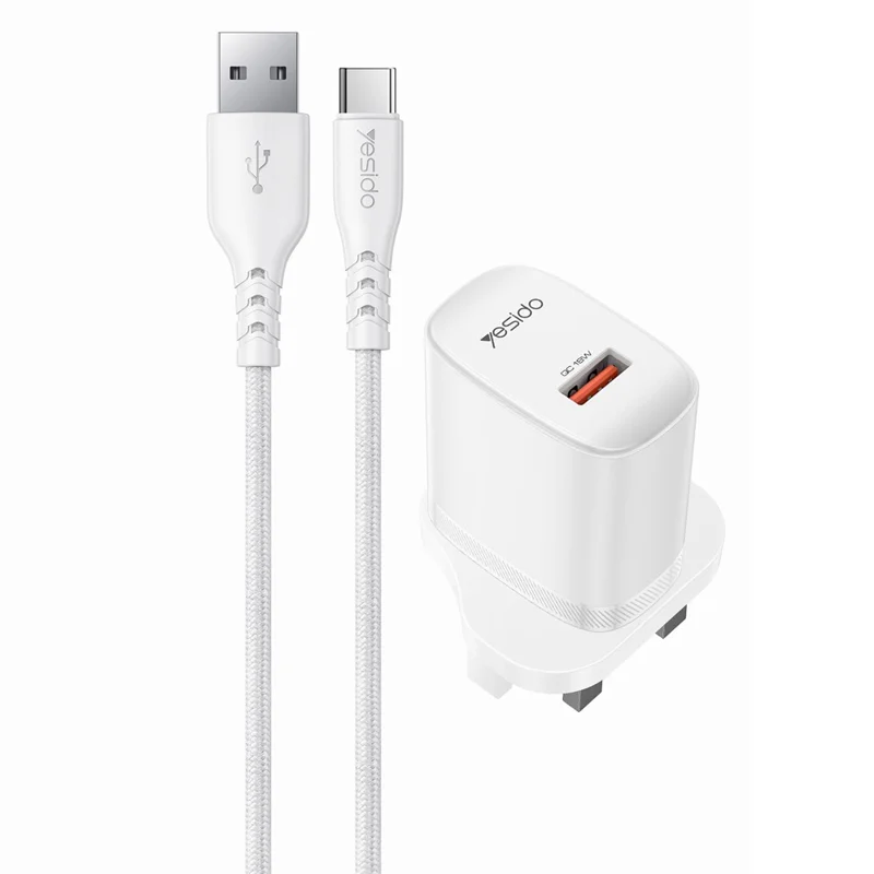 YESIDO YC157 UK Plug QC 3.0 18W USB-A Fast Charging Adapter Wall Charger with 1m USB-A to Type-C Cable - White