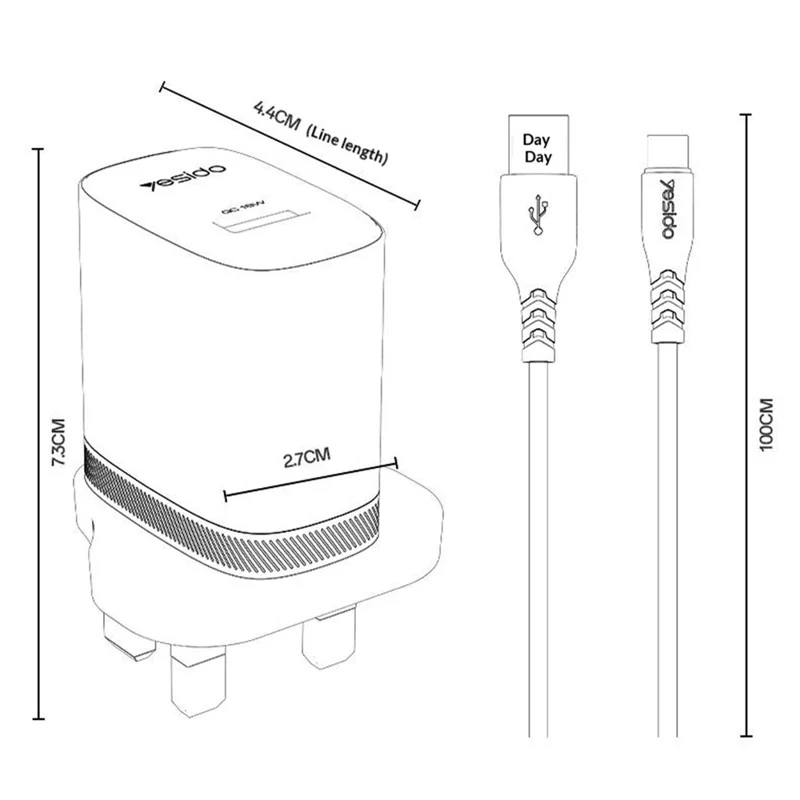 YESIDO YC157 UK Plug QC 3.0 18W USB-A Fast Charging Adapter Wall Charger with 1m USB-A to Type-C Cable - White