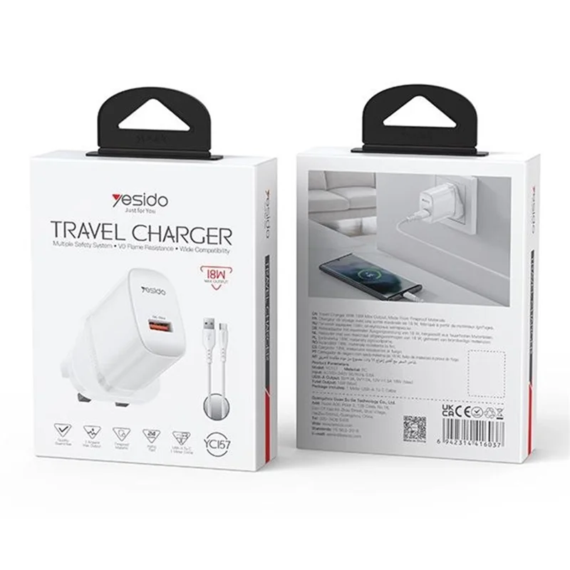YESIDO YC157 UK Plug QC 3.0 18W USB-A Fast Charging Adapter Wall Charger with 1m USB-A to Type-C Cable - White