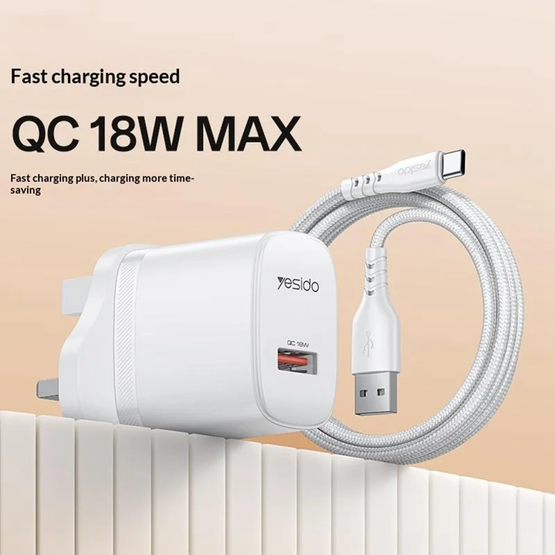 YESIDO YC157 UK Plug QC 3.0 18W USB-A Fast Charging Adapter Wall Charger with 1m USB-A to Type-C Cable - White