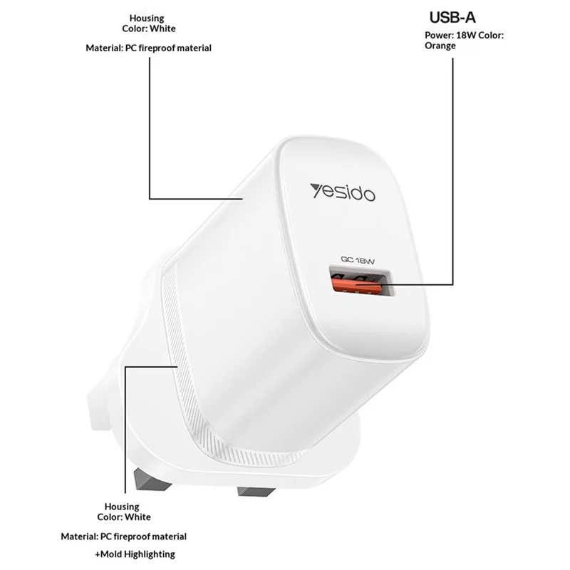 YESIDO YC157 UK Plug QC 3.0 18W USB-A Fast Charging Adapter Wall Charger with 1m USB-A to Type-C Cable - White