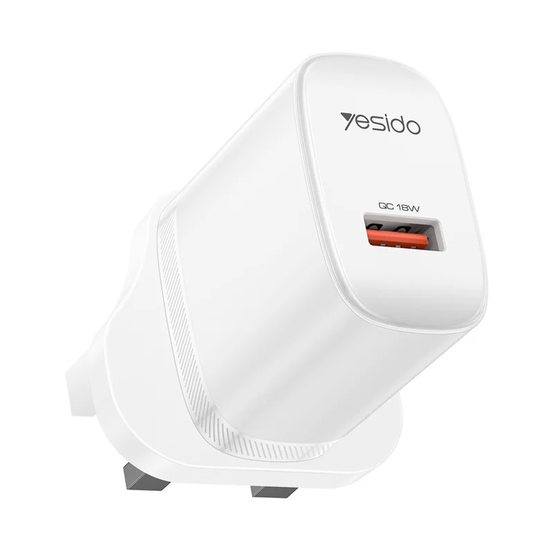 YESIDO YC157 UK Plug QC 3.0 18W USB-A Fast Charging Adapter Wall Charger with 1m USB-A to Type-C Cable - White