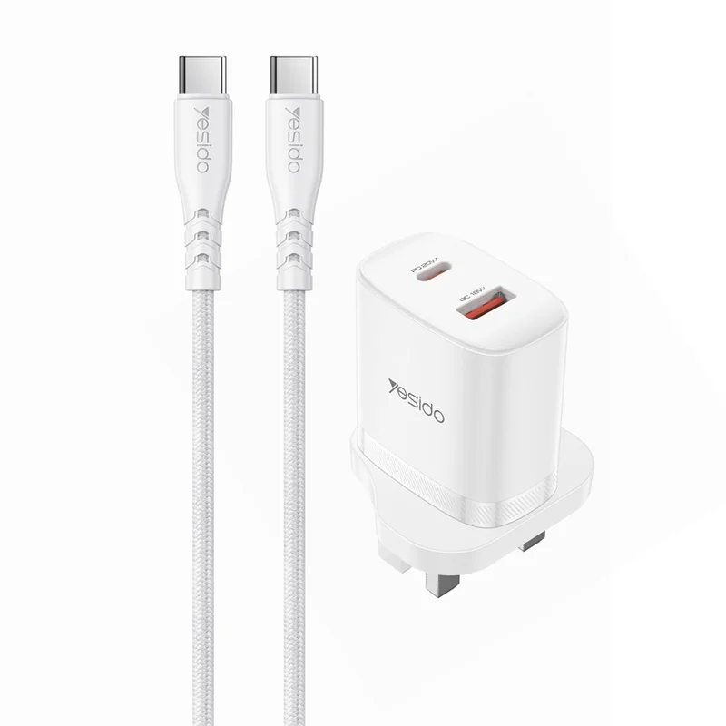 YESIDO YC152 UK Plug PD 20W USB-C + QC 18W USB-A Wall Charger Dual Port Fast Charging Adapter with 1m Type-C Cable - White