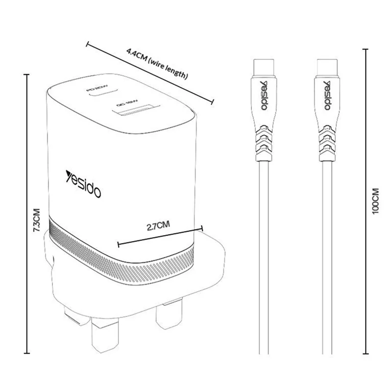 YESIDO YC152 UK Plug PD 20W USB-C + QC 18W USB-A Wall Charger Dual Port Fast Charging Adapter with 1m Type-C Cable - White