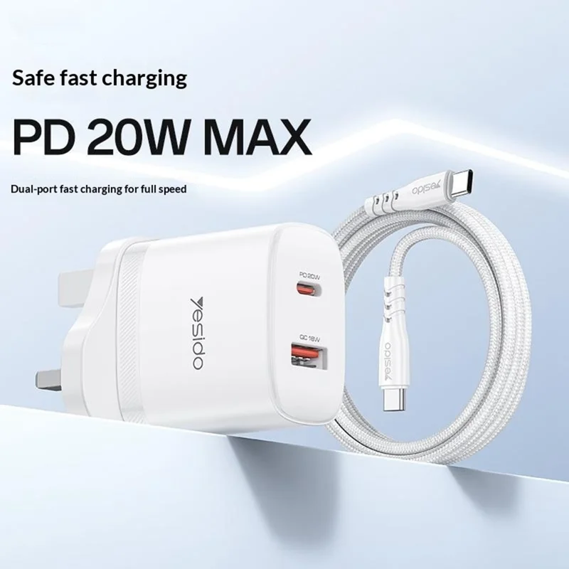 YESIDO YC152 UK Plug PD 20W USB-C + QC 18W USB-A Wall Charger Dual Port Fast Charging Adapter with 1m Type-C Cable - White