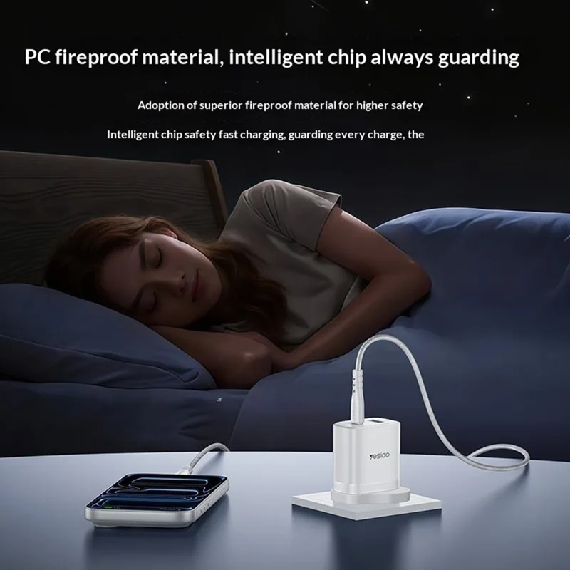 YESIDO YC152 UK Plug PD 20W USB-C + QC 18W USB-A Wall Charger Dual Port Fast Charging Adapter with 1m Type-C Cable - White