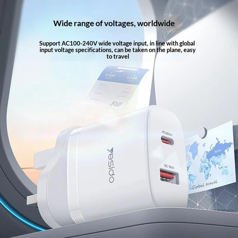 YESIDO YC152 UK Plug PD 20W USB-C + QC 18W USB-A Wall Charger Dual Port Fast Charging Adapter with 1m Type-C Cable - White