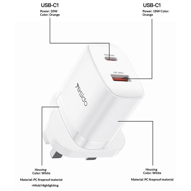 YESIDO YC152 UK Plug PD 20W USB-C + QC 18W USB-A Wall Charger Dual Port Fast Charging Adapter with 1m Type-C Cable - White
