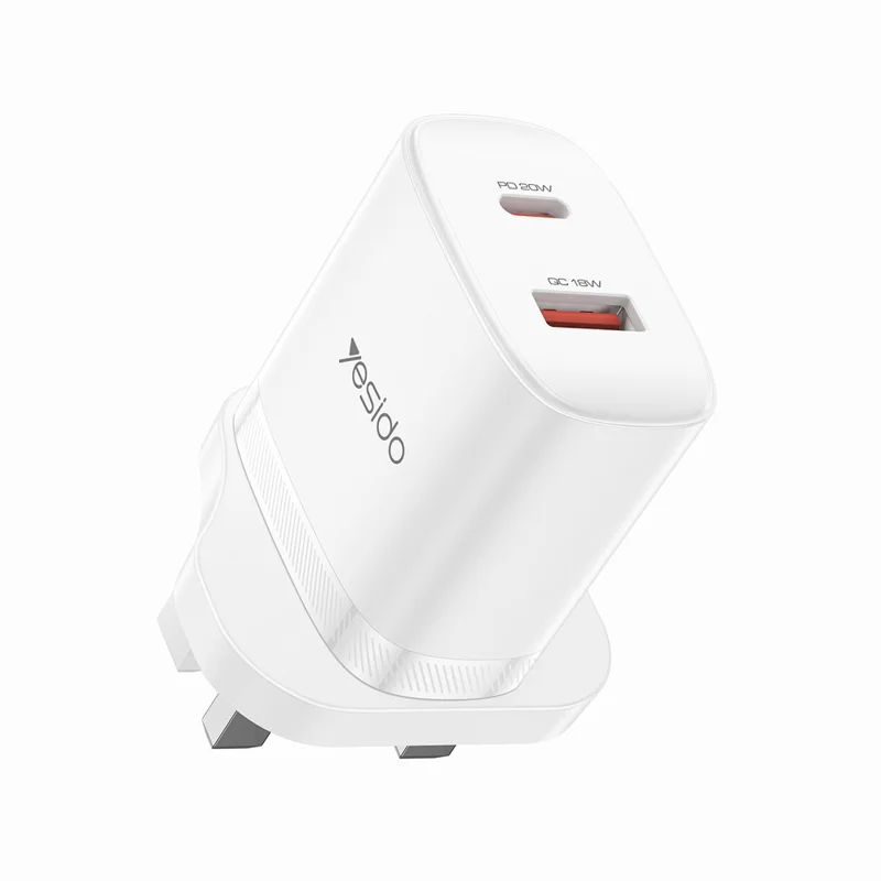 YESIDO YC152 UK Plug PD 20W USB-C + QC 18W USB-A Wall Charger Dual Port Fast Charging Adapter with 1m Type-C Cable - White