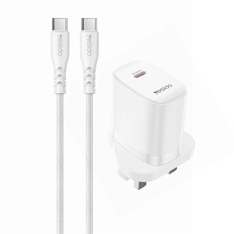 YESIDO YC151 UK Plug PD 20W USB-C Fast Charging Adapter Wall Charger with 1m Type-C Cable for iPhone iPad - White