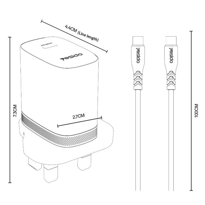 YESIDO YC151 UK Plug PD 20W USB-C Fast Charging Adapter Wall Charger with 1m Type-C Cable for iPhone iPad - White