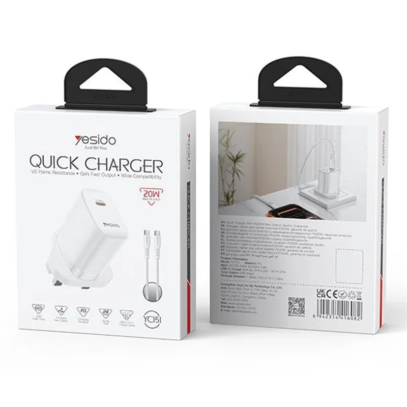 YESIDO YC151 UK Plug PD 20W USB-C Fast Charging Adapter Wall Charger with 1m Type-C Cable for iPhone iPad - White