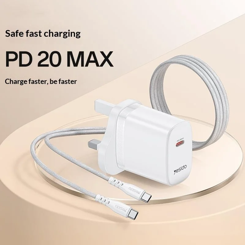 YESIDO YC151 UK Plug PD 20W USB-C Fast Charging Adapter Wall Charger with 1m Type-C Cable for iPhone iPad - White