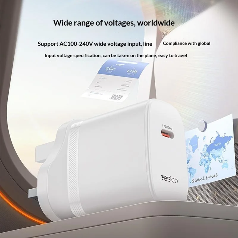 YESIDO YC151 UK Plug PD 20W USB-C Fast Charging Adapter Wall Charger with 1m Type-C Cable for iPhone iPad - White