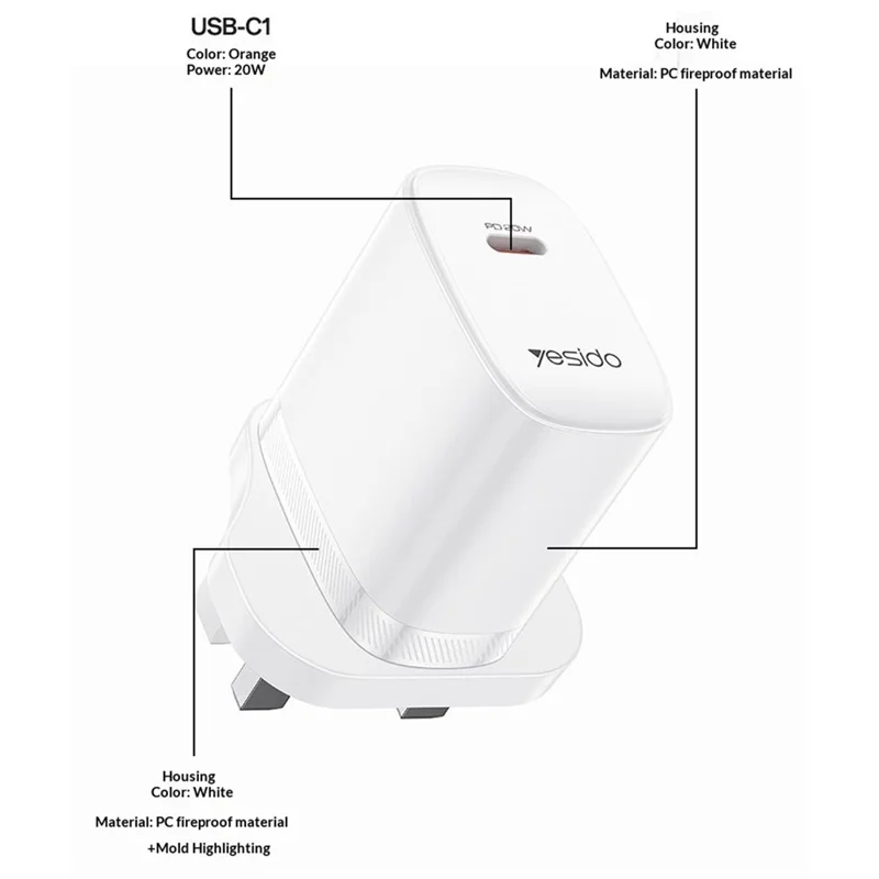 YESIDO YC151 UK Plug PD 20W USB-C Fast Charging Adapter Wall Charger with 1m Type-C Cable for iPhone iPad - White