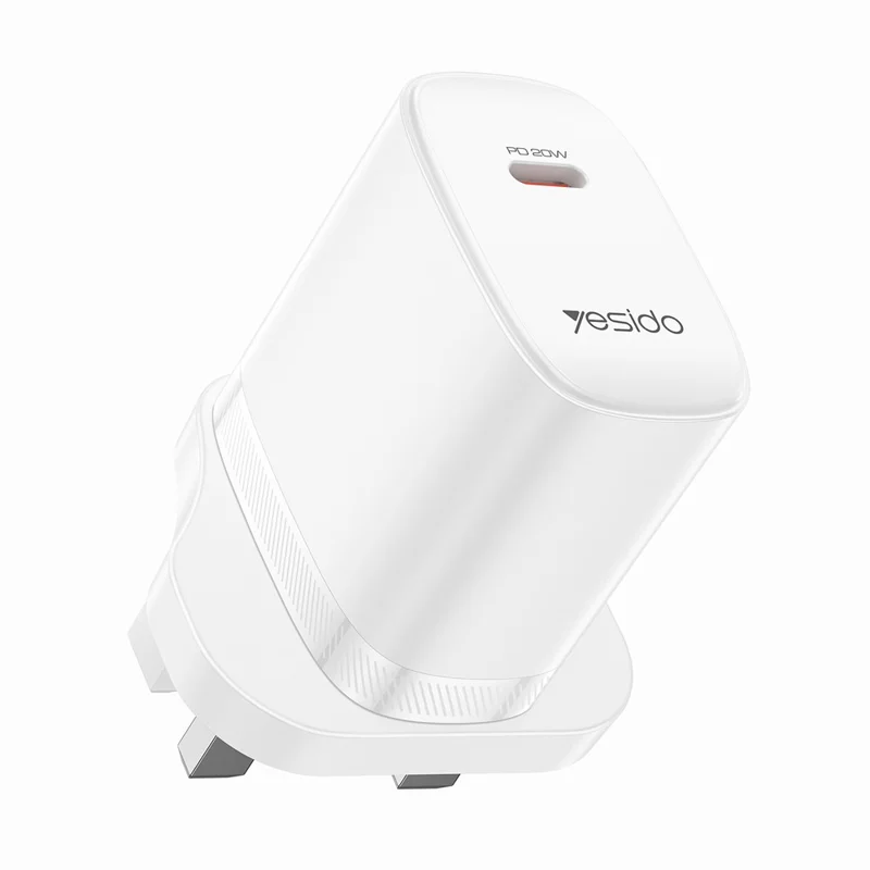YESIDO YC151 UK Plug PD 20W USB-C Fast Charging Adapter Wall Charger with 1m Type-C Cable for iPhone iPad - White