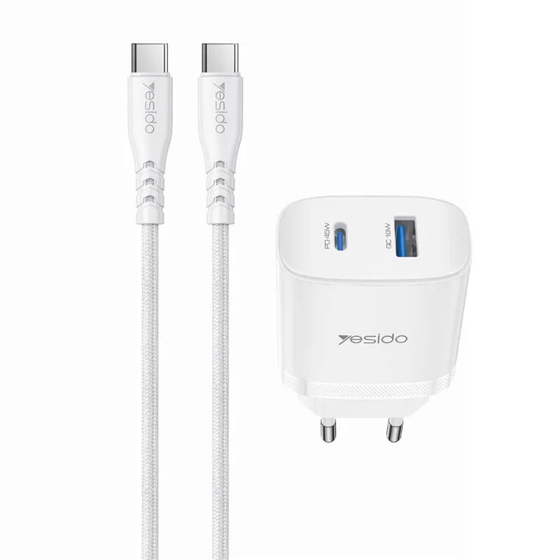 YESIDO YC110 EU Plug PD 45W USB-C + QC 18W USB-A Wall Charger Dual Port Fast Charging Adapter with 1m Type-C Cable - White