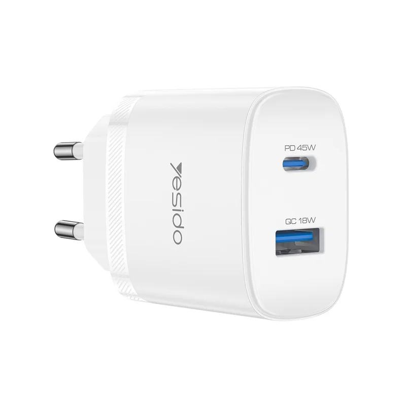 YESIDO YC110 EU Plug PD 45W USB-C + QC 18W USB-A Wall Charger Dual Port Fast Charging Adapter with 1m Type-C Cable - White