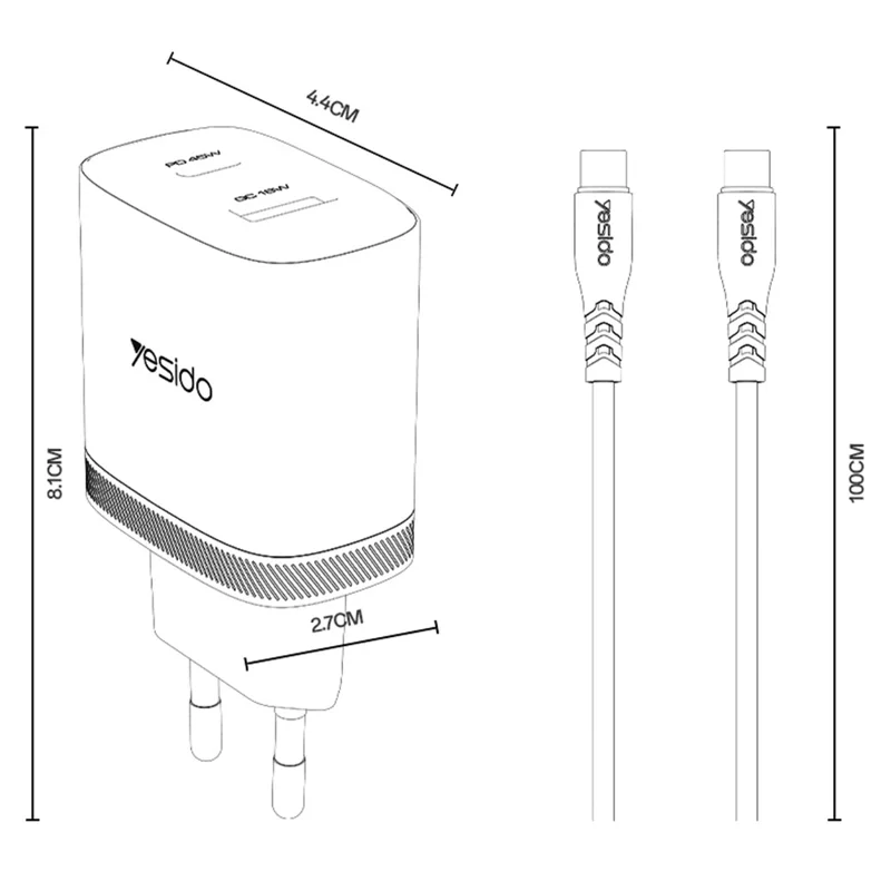 YESIDO YC110 EU Plug PD 45W USB-C + QC 18W USB-A Wall Charger Dual Port Fast Charging Adapter with 1m Type-C Cable - White