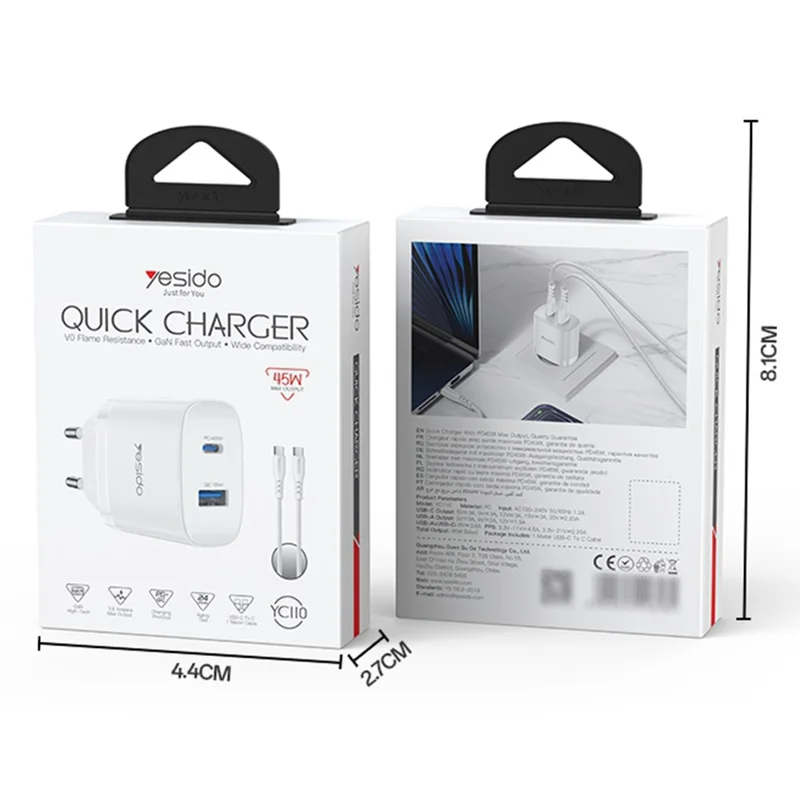 YESIDO YC110 EU Plug PD 45W USB-C + QC 18W USB-A Wall Charger Dual Port Fast Charging Adapter with 1m Type-C Cable - White