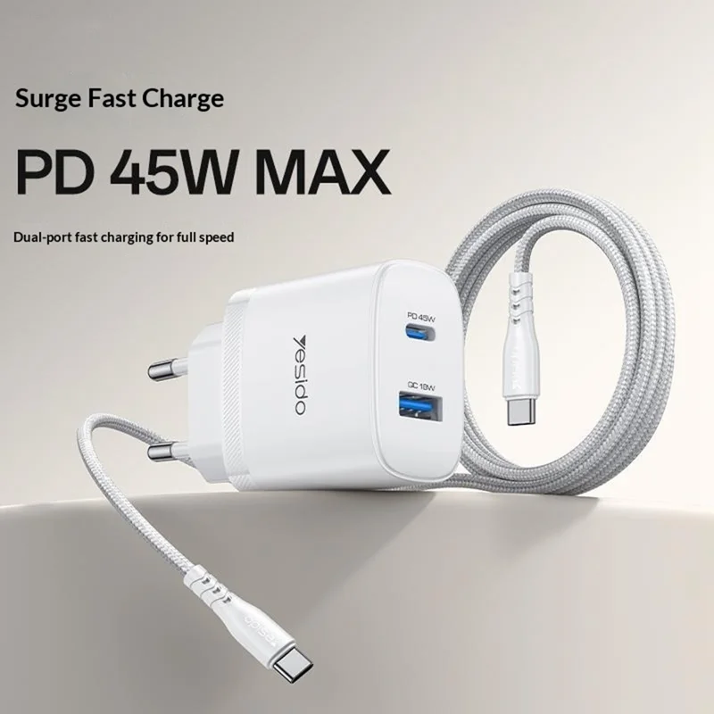 YESIDO YC110 EU Plug PD 45W USB-C + QC 18W USB-A Wall Charger Dual Port Fast Charging Adapter with 1m Type-C Cable - White