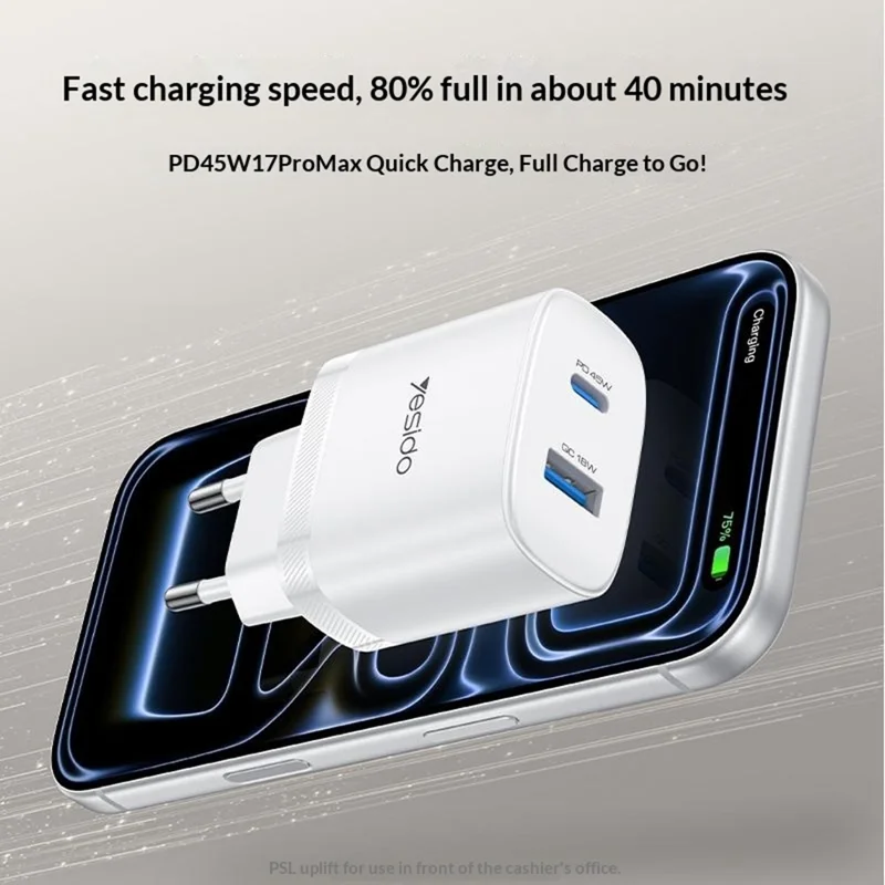 YESIDO YC110 EU Plug PD 45W USB-C + QC 18W USB-A Wall Charger Dual Port Fast Charging Adapter with 1m Type-C Cable - White