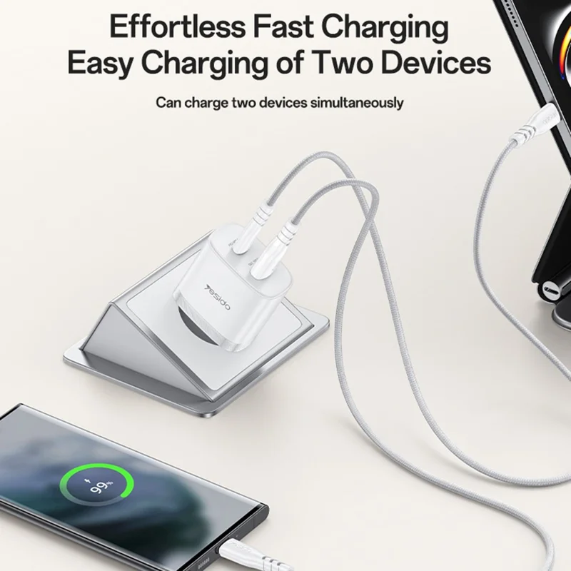 YESIDO YC110 EU Plug PD 45W USB-C + QC 18W USB-A Wall Charger Dual Port Fast Charging Adapter with 1m Type-C Cable - White