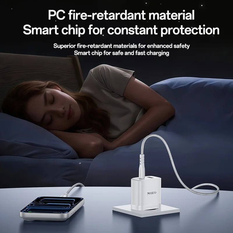 YESIDO YC110 EU Plug PD 45W USB-C + QC 18W USB-A Wall Charger Dual Port Fast Charging Adapter with 1m Type-C Cable - White