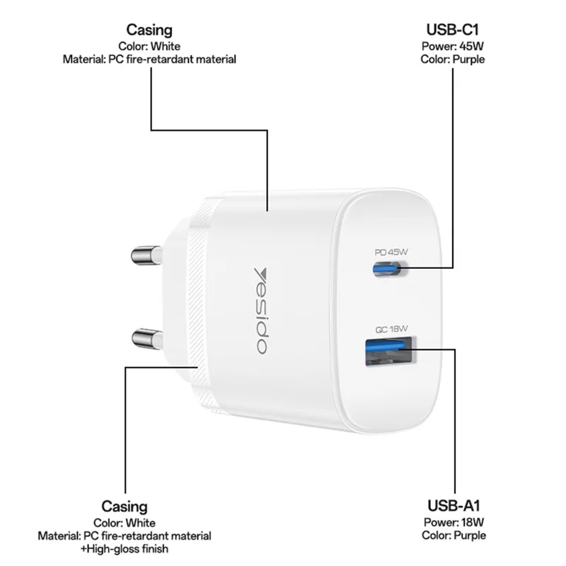 YESIDO YC110 EU Plug PD 45W USB-C + QC 18W USB-A Wall Charger Dual Port Fast Charging Adapter with 1m Type-C Cable - White