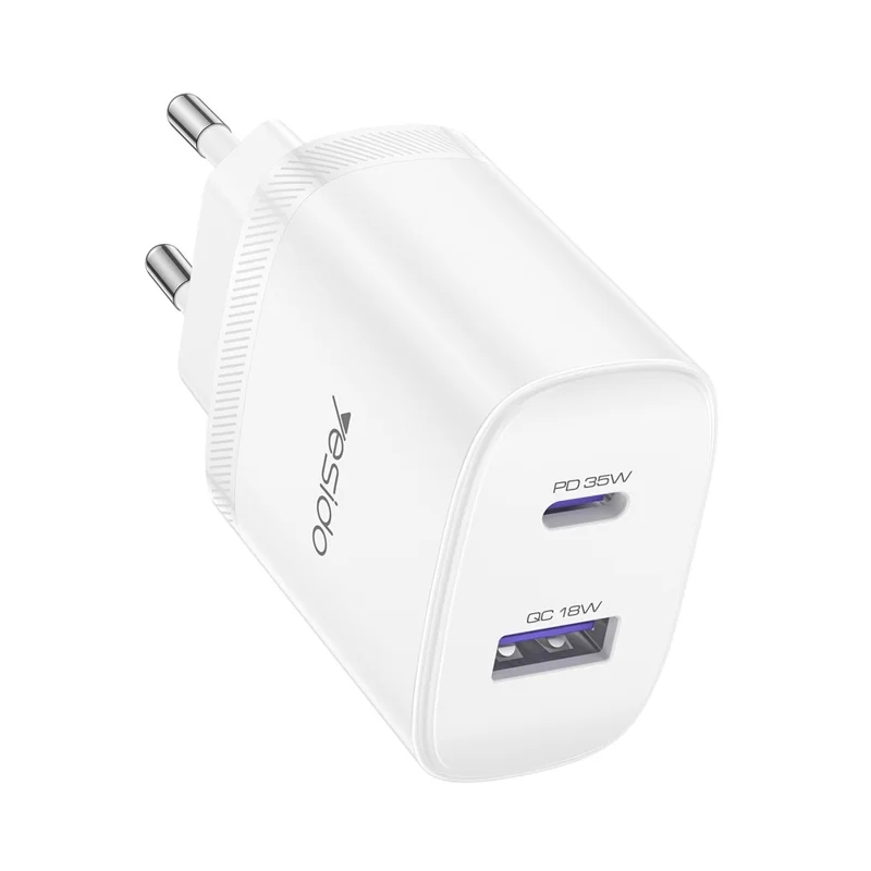 YESIDO YC108 EU Plug PD 35W USB-C + QC 18W USB-A Wall Charger Dual Port Fast Charging Adapter with 1m Type-C Cable - White