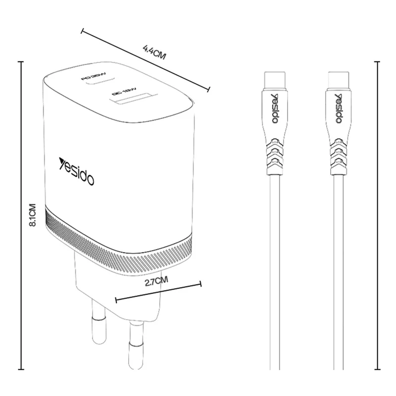 YESIDO YC108 EU Plug PD 35W USB-C + QC 18W USB-A Wall Charger Dual Port Fast Charging Adapter with 1m Type-C Cable - White