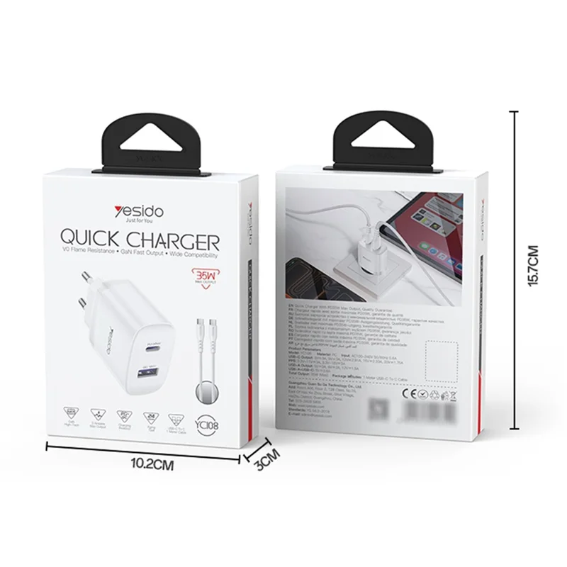 YESIDO YC108 EU Plug PD 35W USB-C + QC 18W USB-A Wall Charger Dual Port Fast Charging Adapter with 1m Type-C Cable - White