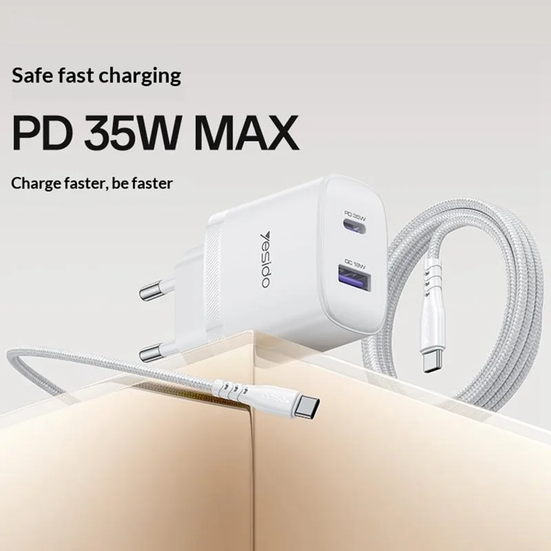 YESIDO YC108 EU Plug PD 35W USB-C + QC 18W USB-A Wall Charger Dual Port Fast Charging Adapter with 1m Type-C Cable - White
