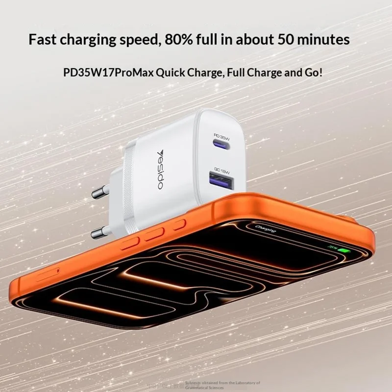 YESIDO YC108 EU Plug PD 35W USB-C + QC 18W USB-A Wall Charger Dual Port Fast Charging Adapter with 1m Type-C Cable - White
