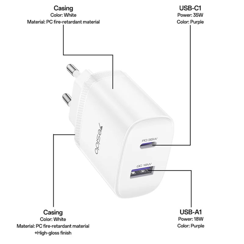 YESIDO YC108 EU Plug PD 35W USB-C + QC 18W USB-A Wall Charger Dual Port Fast Charging Adapter with 1m Type-C Cable - White