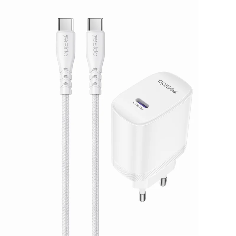 YESIDO YC107 EU Plug PD 35W USB-C Wall Charger Fast Charging Adapter with 1m Type-C Cable for Laptop Phone - White
