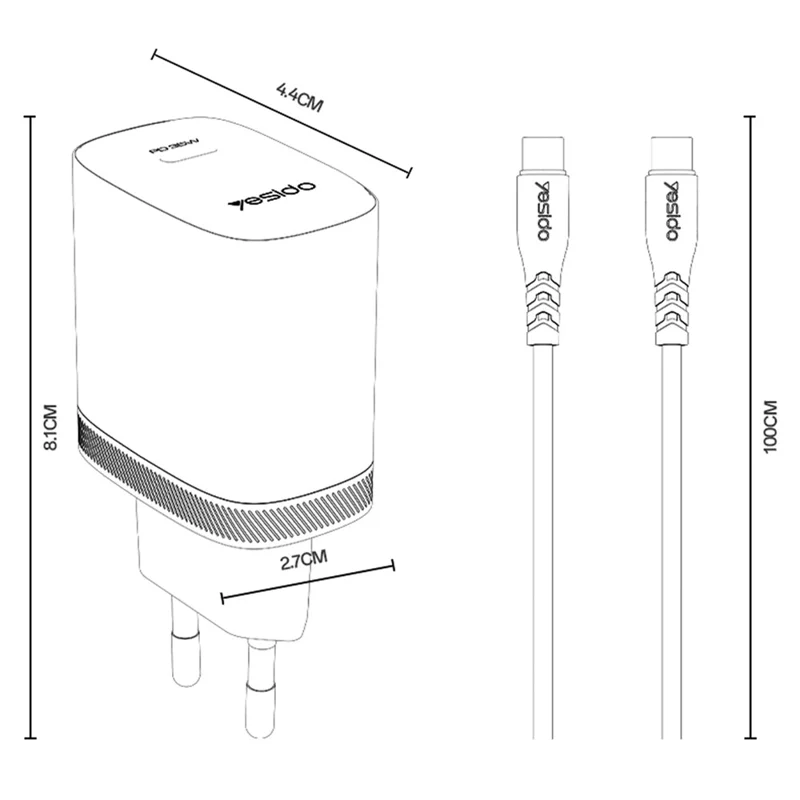 YESIDO YC107 EU Plug PD 35W USB-C Wall Charger Fast Charging Adapter with 1m Type-C Cable for Laptop Phone - White