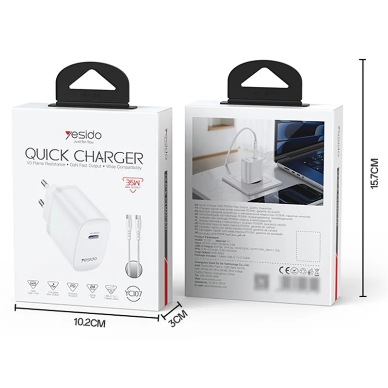 YESIDO YC107 EU Plug PD 35W USB-C Wall Charger Fast Charging Adapter with 1m Type-C Cable for Laptop Phone - White