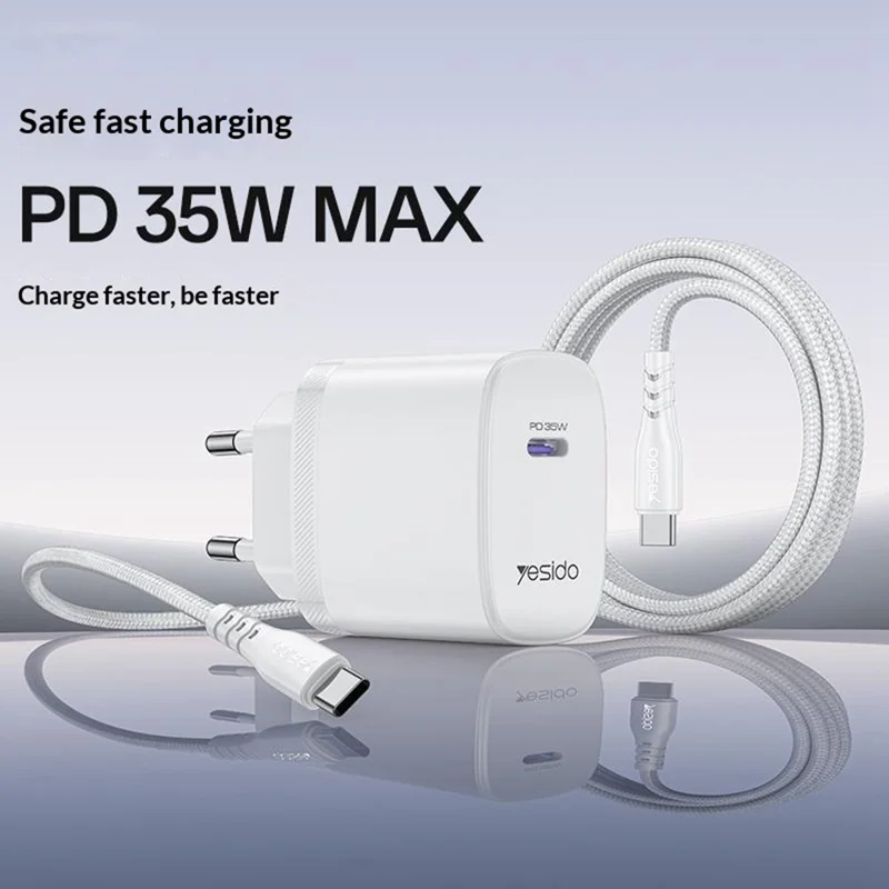 YESIDO YC107 EU Plug PD 35W USB-C Wall Charger Fast Charging Adapter with 1m Type-C Cable for Laptop Phone - White