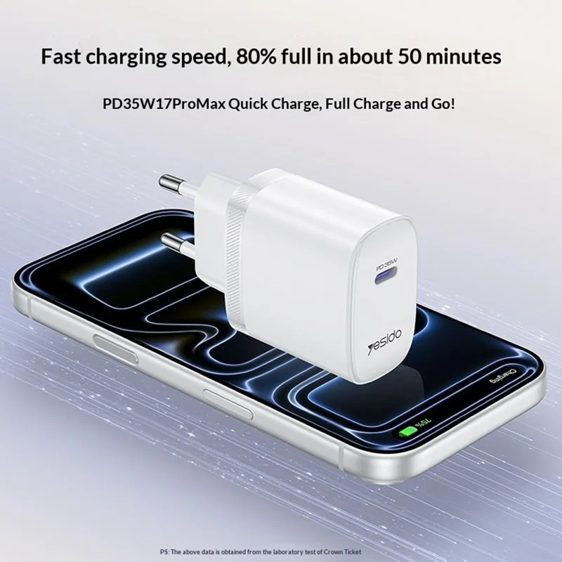 YESIDO YC107 EU Plug PD 35W USB-C Wall Charger Fast Charging Adapter with 1m Type-C Cable for Laptop Phone - White